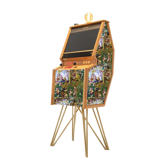 Maison Roshi Senpai V2F upright arcade machine wrapped in vivid green and blue tapestry-inspired fabric, blending gaming nostalgia with artistic storytelling visuals.