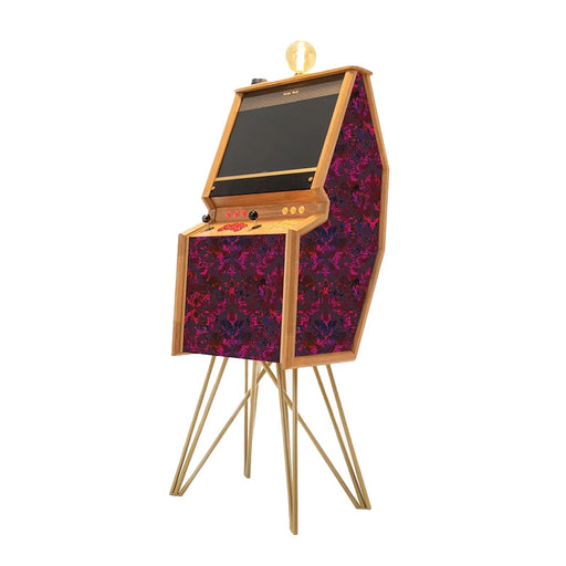 Maison Roshi Senpai V2F arcade cabinet with rich red and deep violet fabric panels, golden tripod legs, and classic arcade controls for a luxurious retro aesthetic.