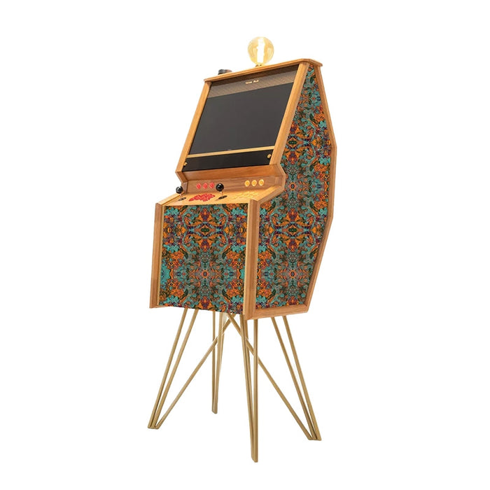 Maison Roshi Senpai V2F arcade cabinet featuring intricate mandala-style patterns in bold orange and blue hues, offering a fusion of retro gaming and bohemian design.