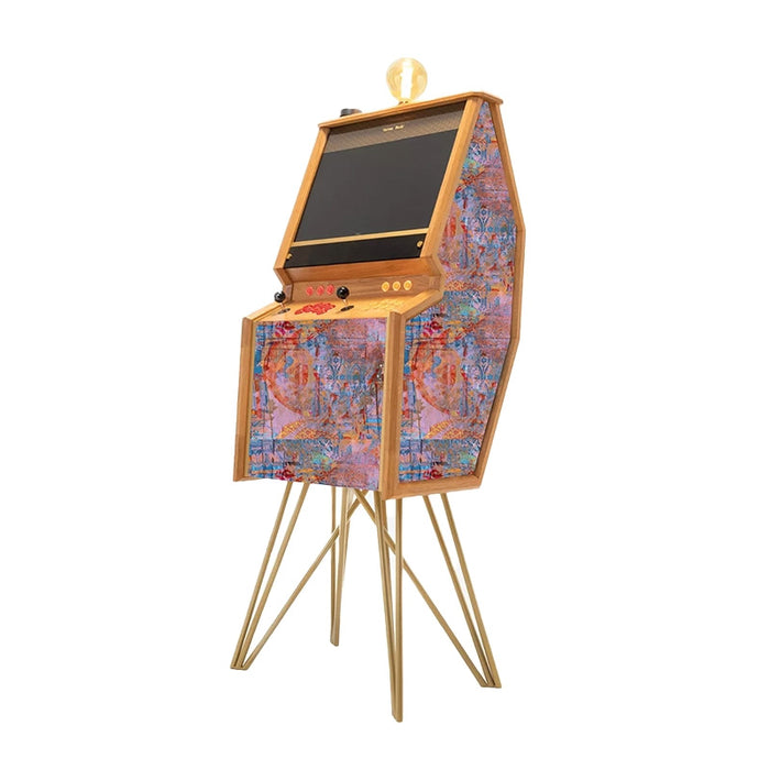 Maison Roshi Senpai V2F arcade machine in a golden tapestry fabric with artistic motifs, blending vintage gaming nostalgia with luxurious interior styling.
