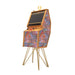 Maison Roshi Senpai V2F arcade machine in a golden tapestry fabric with artistic motifs, blending vintage gaming nostalgia with luxurious interior styling.