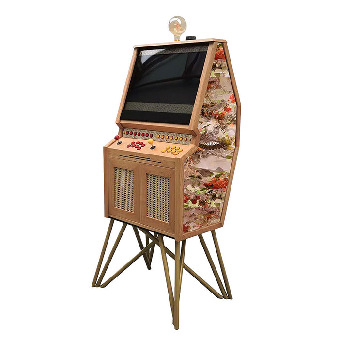 Maison Roshi Senpai V3 arcade cabinet with natural wood frame, golden legs, and side panel featuring autumn forest art with soaring eagle.