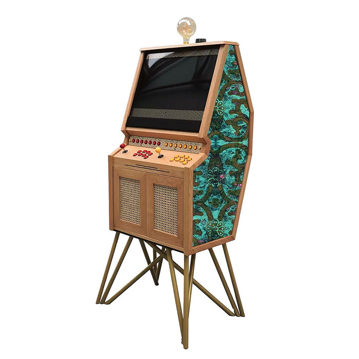 Maison Roshi Senpai V3 arcade cabinet featuring natural wood body, gold metal legs, and teal damask-style patterned side art.