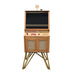 Front view of Maison Roshi Senpai V3 arcade cabinet with dual joystick controls, wood frame, golden legs, and woven cane panels.