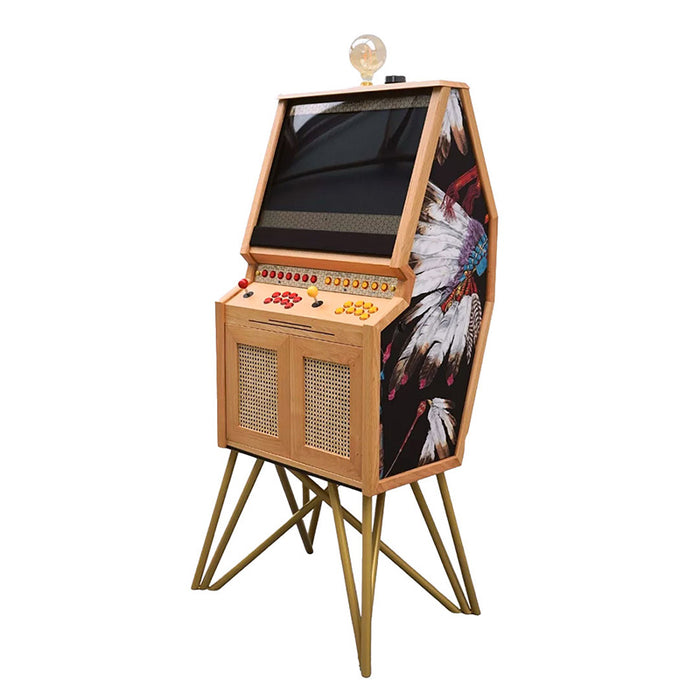 Maison Roshi Senpai V3 arcade cabinet with wooden frame, gold legs, and striking feather headdress artwork on side panel.