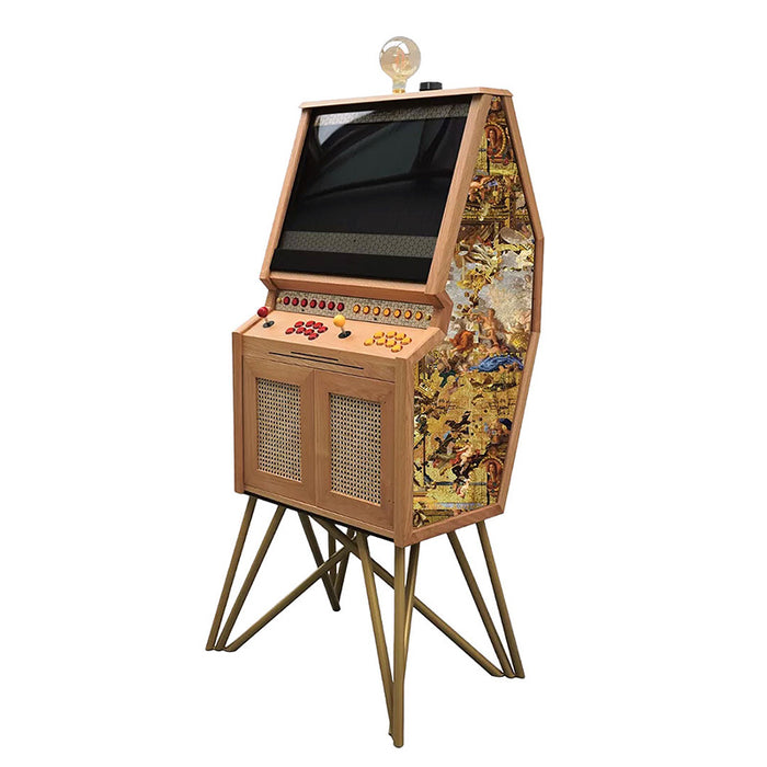 Maison Roshi Senpai V3 arcade cabinet with wood body, gold legs, and Renaissance-style classical painting detail on side panel.