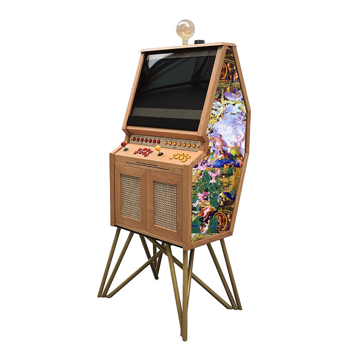 Maison Roshi Senpai V3 arcade cabinet in natural wood with gold legs and vivid baroque-style art featuring celestial and mythological figures.