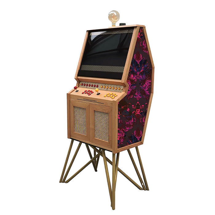 Maison Roshi Senpai V3 arcade cabinet with deep plum and magenta floral patterned side panel, wooden frame, and gold legs.