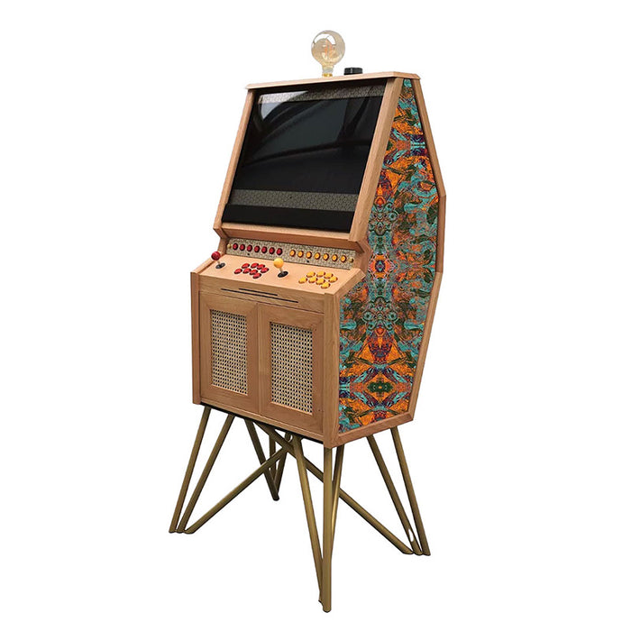 Maison Roshi Senpai V3 arcade cabinet in wood and gold finish with vibrant symmetrical kaleidoscope-inspired side panel artwork.