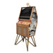 Maison Roshi Senpai V3 arcade cabinet with sleek wood frame, gold metal legs, and monochrome abstract splatter design on side panel.