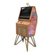 Maison Roshi Senpai V3 arcade cabinet with natural wood frame, gold metal legs, and vibrant abstract dragon artwork in pink, red, and orange tones on side panel.