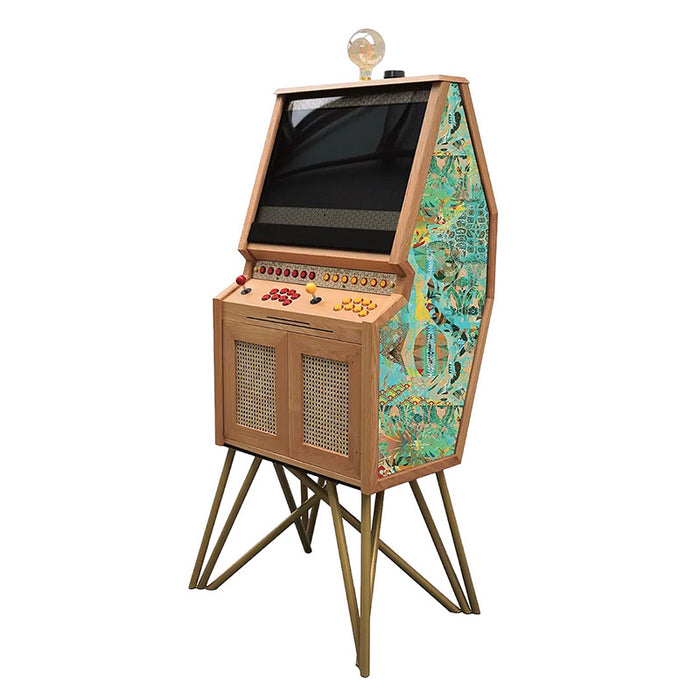 Maison Roshi Senpai V3 arcade cabinet in wooden finish with golden legs and intricate turquoise botanical artwork featuring lantern motifs on side panel.