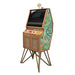 Maison Roshi Senpai V3 arcade cabinet in wooden finish with golden legs and intricate turquoise botanical artwork featuring lantern motifs on side panel.