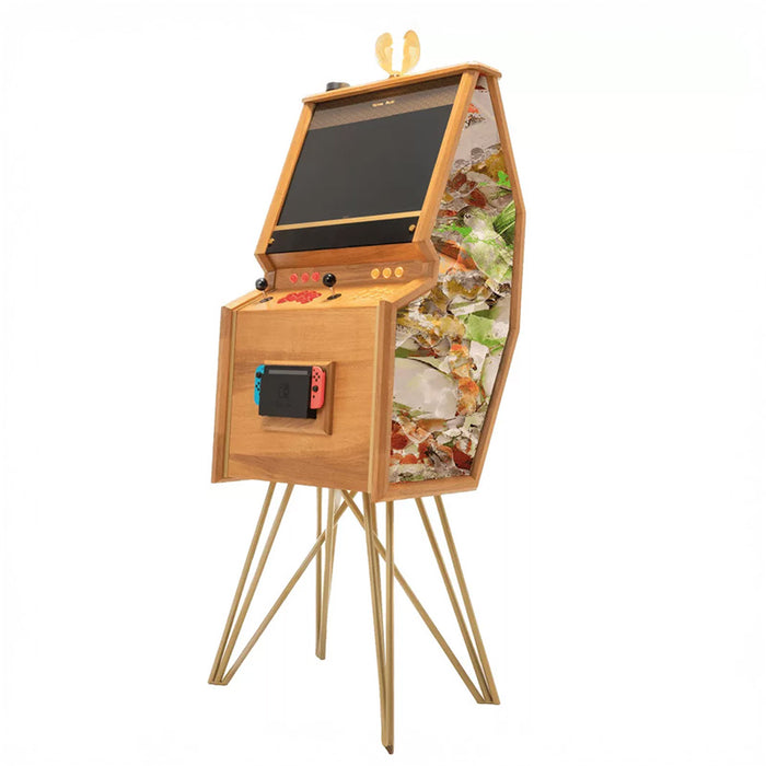 Maison Roshi Senpai V3 Lite arcade cabinet with golden historical art side panel, wooden body, gold legs, and Nintendo Switch dock.