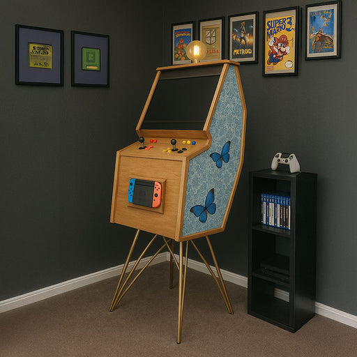 Maison Roshi Senpai V3 Lite arcade cabinet in gaming room with blue butterfly patterned side panel, wood frame, gold legs, and Nintendo Switch dock.