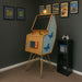 Maison Roshi Senpai V3 Lite arcade cabinet in gaming room with blue butterfly patterned side panel, wood frame, gold legs, and Nintendo Switch dock.