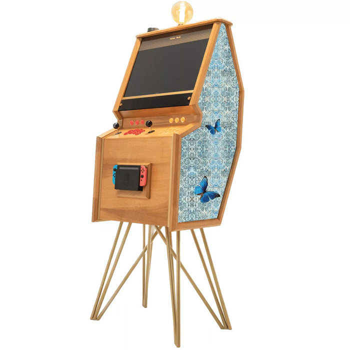 Maison Roshi Senpai V3 Lite arcade cabinet featuring baroque-style celestial artwork on side panel, wooden frame, gold legs, and Nintendo Switch dock.