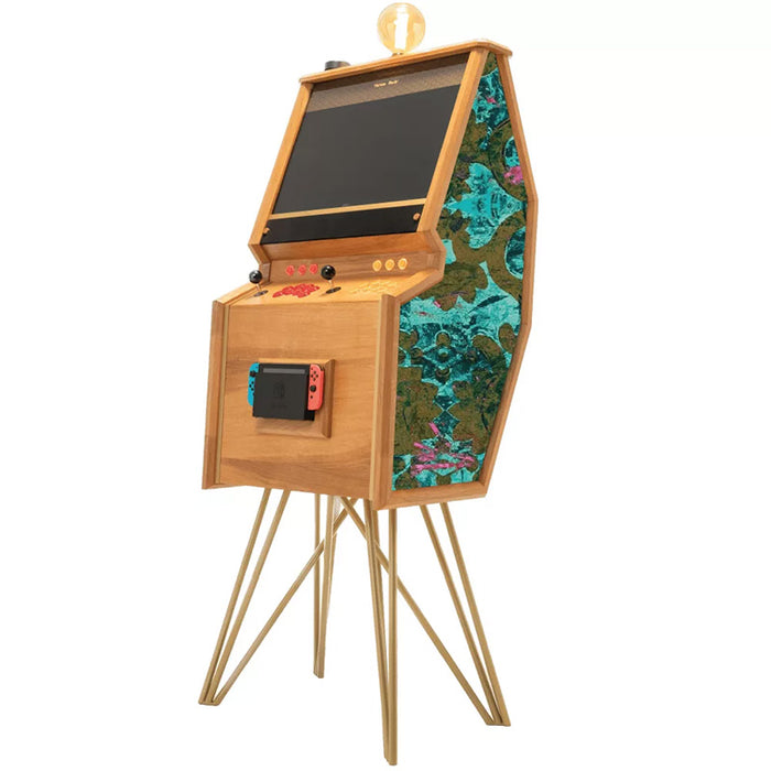 Maison Roshi Senpai V3 Lite arcade cabinet in wood and gold finish with deep plum and magenta floral side panel and Nintendo Switch dock.