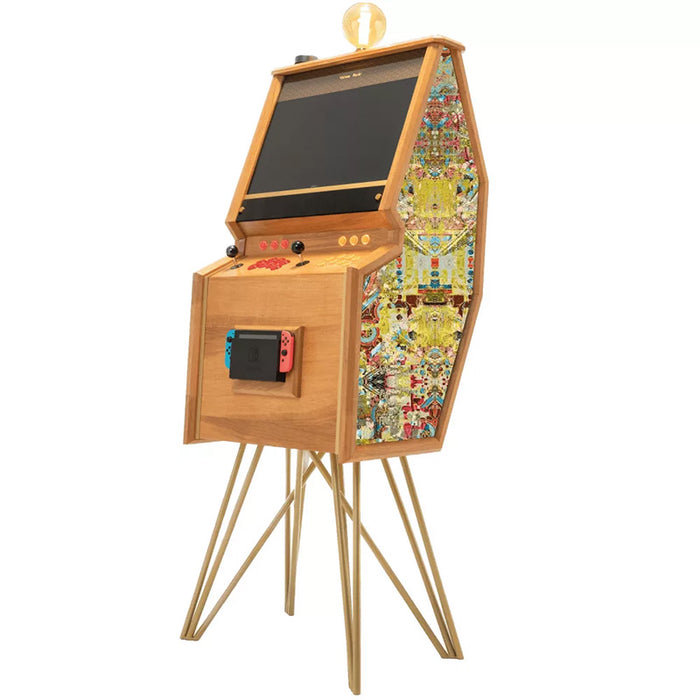 Maison Roshi Senpai V3 Lite arcade cabinet with rich turquoise and orange symmetrical patterned side art, wooden finish, and Nintendo Switch dock.