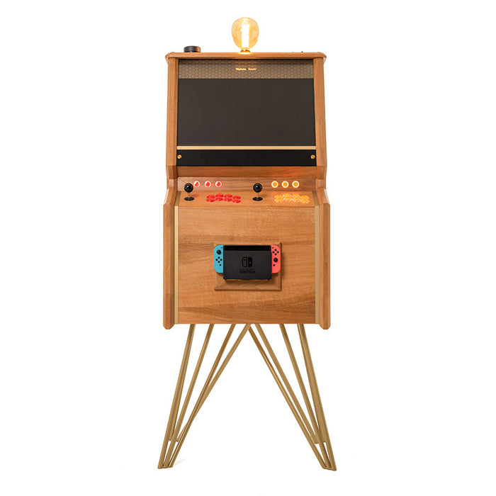 Front view of Maison Roshi Senpai V3 Lite arcade cabinet in wooden finish with gold legs, dual joystick controls, and Nintendo Switch dock.