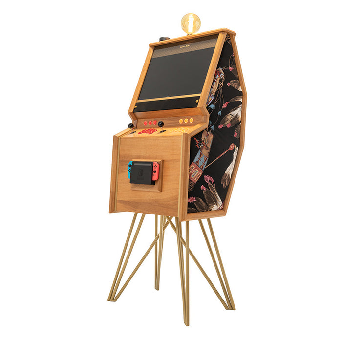 Maison Roshi Senpai V3 Lite arcade cabinet in natural wood with gold legs and striking monochrome abstract splatter side panel featuring deep magenta accents.