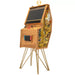 Maison Roshi Senpai V3 Lite arcade cabinet with wooden frame, gold legs, and vibrant pink and blue abstract patterned side panel, complete with Nintendo Switch dock.