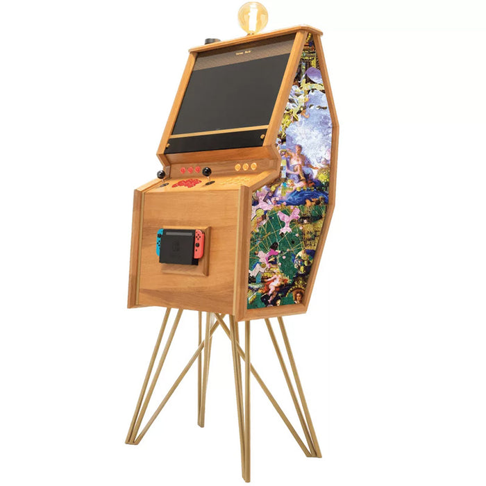 Maison Roshi Senpai V3 Lite arcade cabinet with autumn landscape side panel, wooden frame, gold legs, and Nintendo Switch dock.