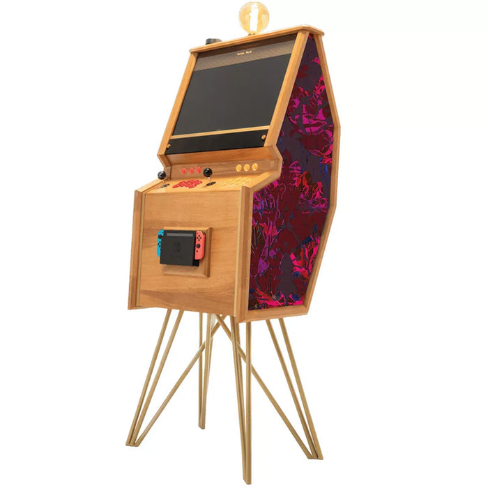 Maison Roshi Senpai V3 Lite arcade cabinet in wood finish with blue butterfly patterned side panel, gold legs, and Nintendo Switch dock.