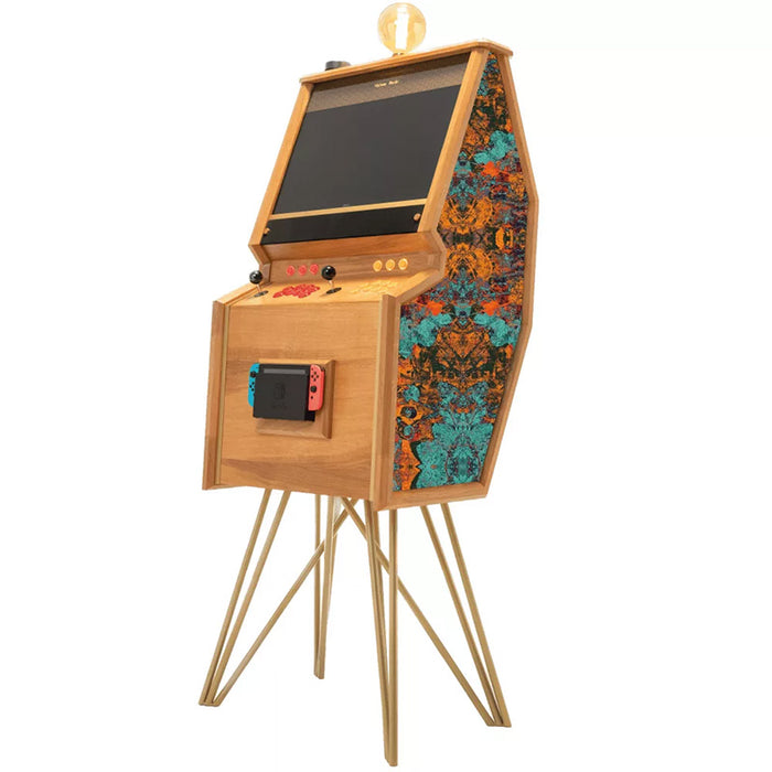 Maison Roshi Senpai V3 Lite arcade cabinet with rich teal and magenta floral side design, wooden frame, gold legs, and Nintendo Switch dock.