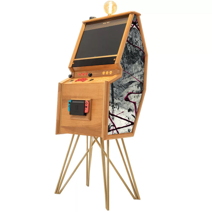 Maison Roshi Senpai V3 Lite arcade cabinet in wood and gold finish with intricate yellow and red abstract patterned side panel and Nintendo Switch dock.