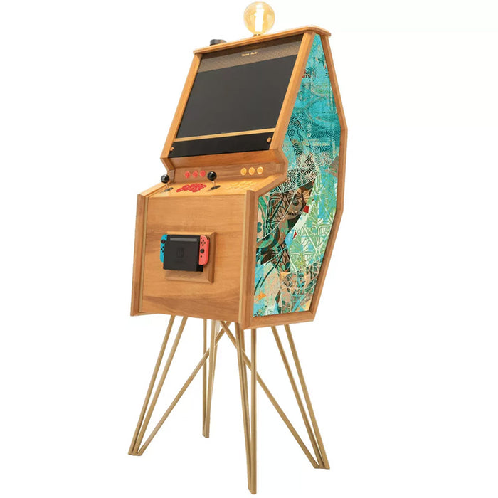Maison Roshi Senpai V3 Lite arcade cabinet with turquoise botanical side panel, wooden body, gold legs, and Nintendo Switch dock.