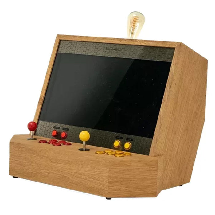 Studio product view of the Maison Roshi Sensei V1 arcade cabinet with screen off, showing sleek wood design, classic red and yellow joysticks, and retro light bulb.