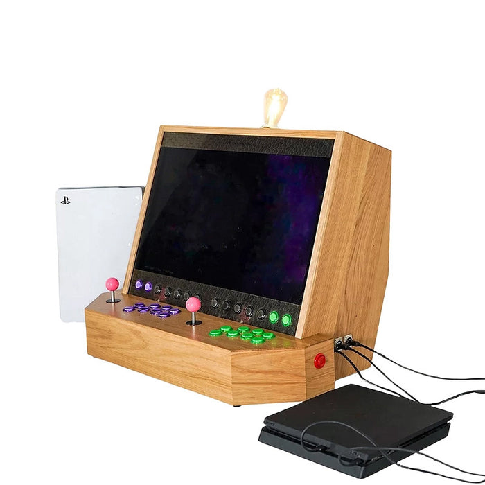 Maison Roshi Sensei V3 connected to modern consoles, featuring a blank screen and signature dual joystick layout with green and purple buttons.