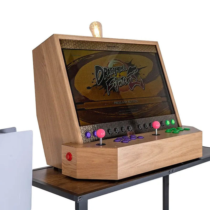 Maison Roshi Sensei V3 arcade cabinet showcasing Dragon Ball FighterZ on screen, blending luxury design with nostalgic gaming controls.