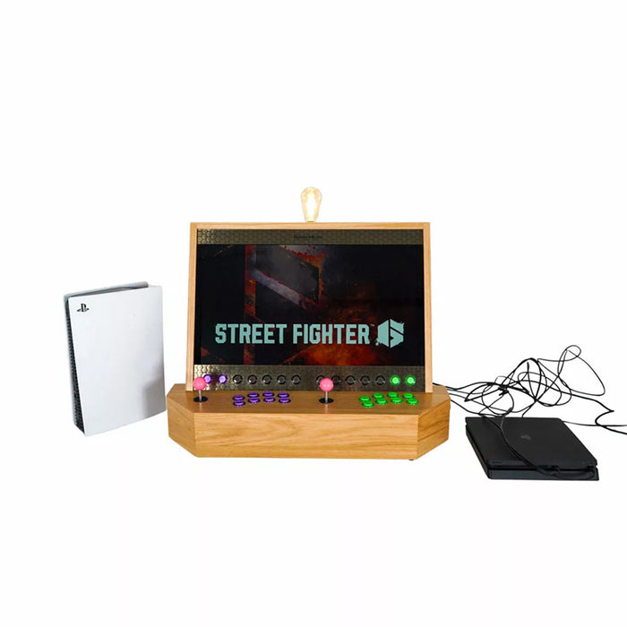 Maison Roshi Sensei V3 arcade cabinet connected to PS5 and PS4, displaying Street Fighter on a sleek widescreen with dual joystick controls.