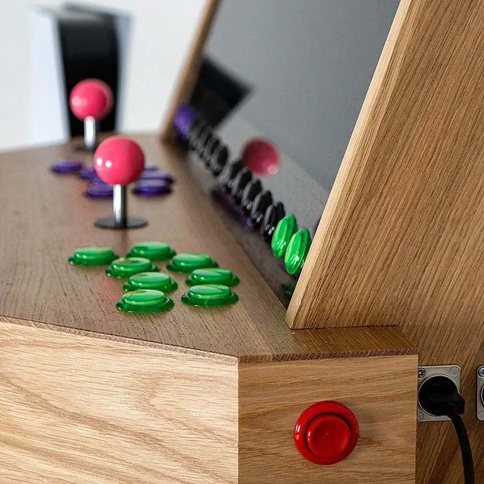 Detailed side angle of Maison Roshi Sensei V3 arcade system showing joystick buttons, vibrant controls, and refined wood craftsmanship.