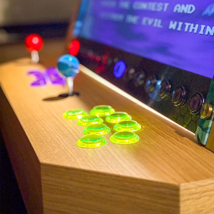 Close-up of the Maison Roshi Sensei V3F Arcade Cabinet Wallasea showing vibrant neon green buttons, a blue joystick, and vivid gameplay lighting on wooden panel.