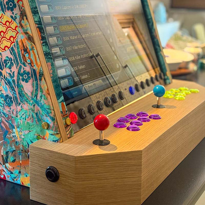 Maison Roshi Sensei V3F arcade machine displaying game menu with vibrant red, purple, and green controls, set in a decorative wooden finish.