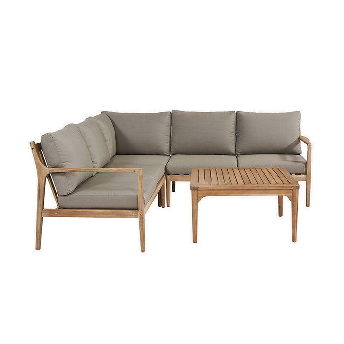 Malta Outdoor Corner Seating Set with taupe cushions and a wooden coffee table, viewed from the left angle.