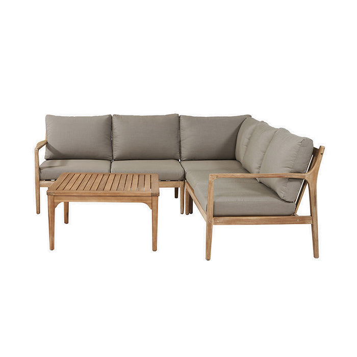 Malta Outdoor Corner Seating Set with taupe cushions and a wooden coffee table, viewed from the right angle.