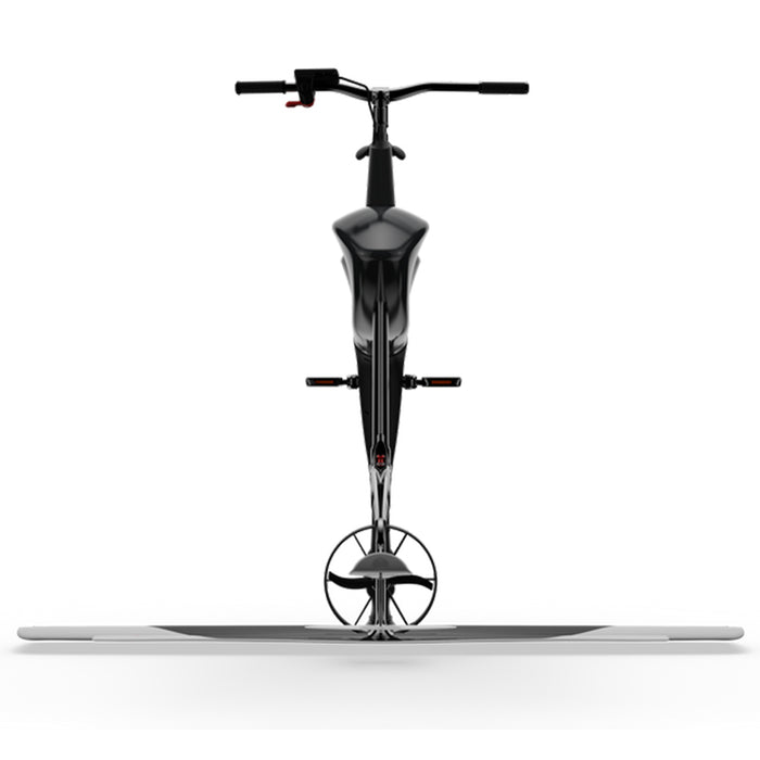 Front view of the Manta5 Hydrofoiler SL3 Pro hydrofoil bike with its wide hydrofoil assembly
