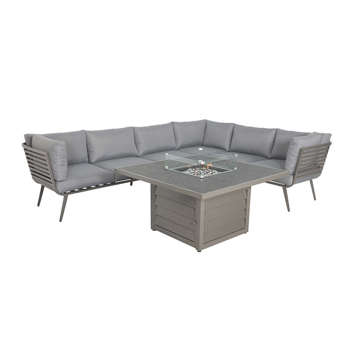 The Mayfair Corner Lounge Set with Fire Pit Table & 2 Benches in a neutral grey finish, presented against a white background, emphasizing its clean lines and contemporary style.