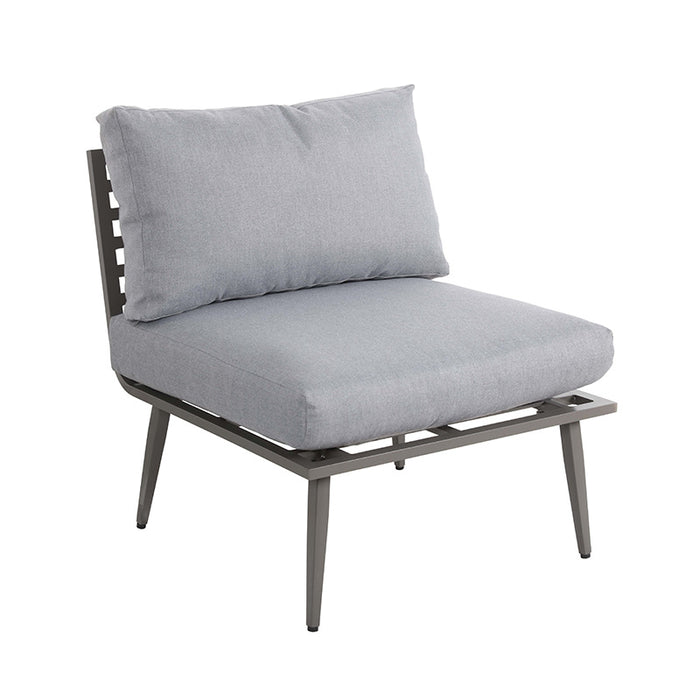 A side-angle view of the Mayfair Corner Lounge Set's middle chair, showcasing its minimalist design with plush grey cushions and a sturdy metal frame.