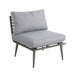 A side-angle view of the Mayfair Corner Lounge Set's middle chair, showcasing its minimalist design with plush grey cushions and a sturdy metal frame.