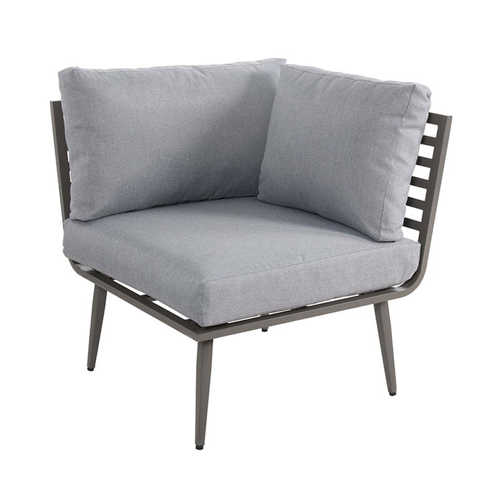 Front view of the Mayfair corner chair, designed with plush grey cushions for ultimate comfort.