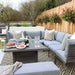 Stylish Mayfair outdoor lounge set with fire pit and bench, designed for luxurious garden living.