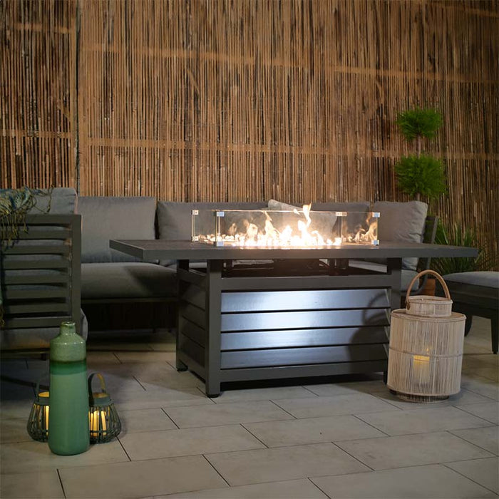 Elegant Mayfair Lounge Set with Fire Pit, styled in a comfortable evening garden setting.