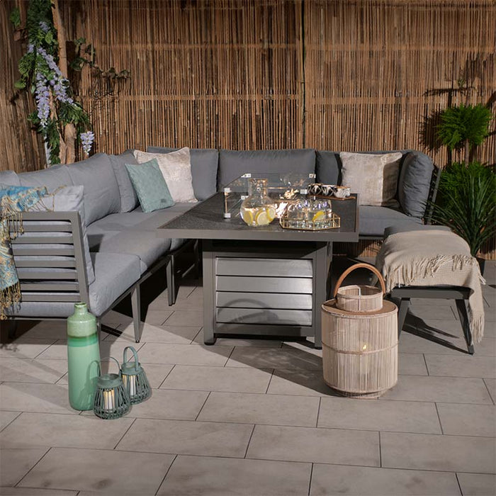 Mayfair Corner Lounge Set with Fire Pit, arranged in a cosy corner with elegant décor.