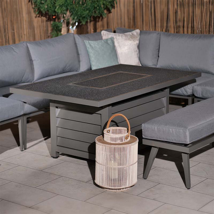 Mayfair Lounge Set with Fire Pit, featuring a stylish table cover for a sleek look.