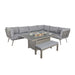 Mayfair Corner Lounge Set with Fire Pit Table & Bench, featuring a modern grey design.